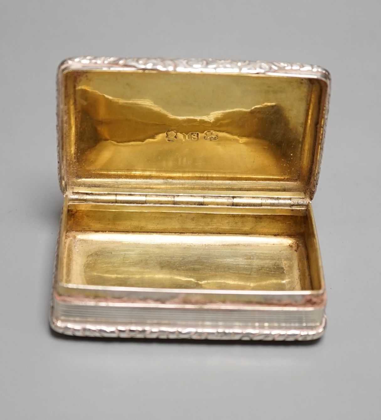 A George IV silver rectangular snuff box, John Shaw, Birmingham, 1820, 62mm.